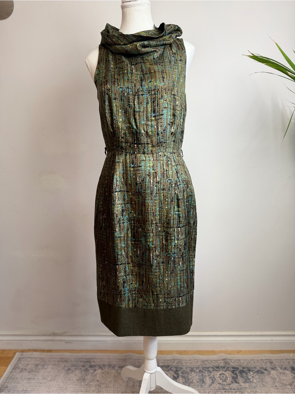 Vintage Max Mara Made in Italy Abstract Print Sculptural Cowl Neck Midi Dress